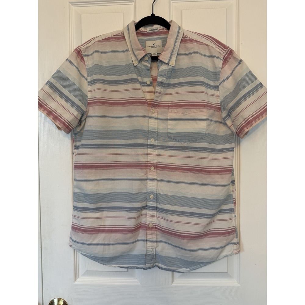 American Eagle Men's Large Striped Button Up Shirt Short Sleeve Cotton